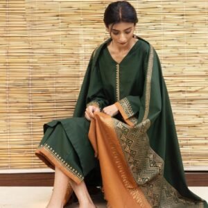 3-Piece Unstitched Embroidered Dark Green Dhanak Marina Suit with Shawl