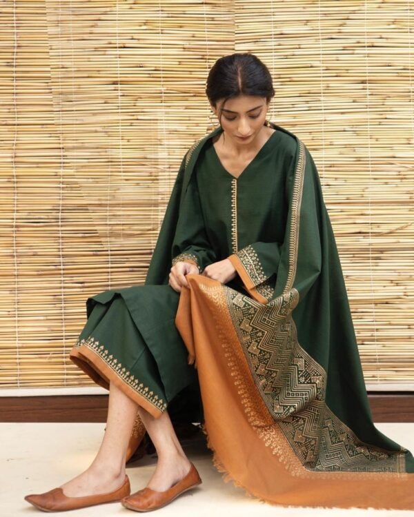 3-Piece Unstitched Embroidered Dark Green Dhanak Marina Suit with Shawl