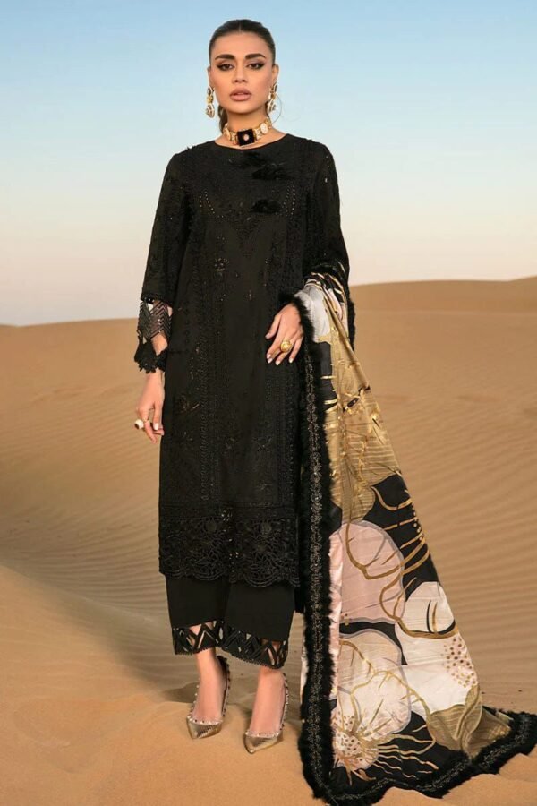 Black Embroidered 3-Piece Suit with Printed Dupatta