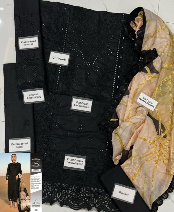 Black Embroidered 3-Piece Suit with Printed Dupatta - Image 3